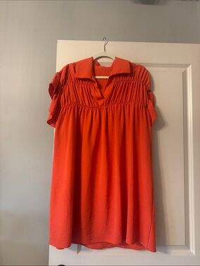 Casual Orange Smocked Yoke Tunic Dress